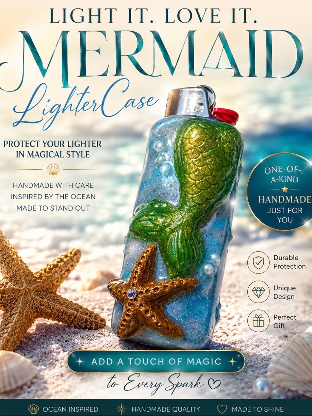 Mermaid Lighter Case ONLY - Ocean-Inspired Green & Blue Handmade Cover
